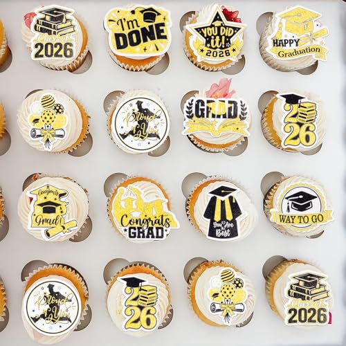 48Pcs Edible Graduation Cap 2026 Cupcake Toppers Wafer Paper Grad Cap Diploma Cake Decoration Picks for 2026 Grad Theme Party Cake Decor Supplies Gold White (48 Count)