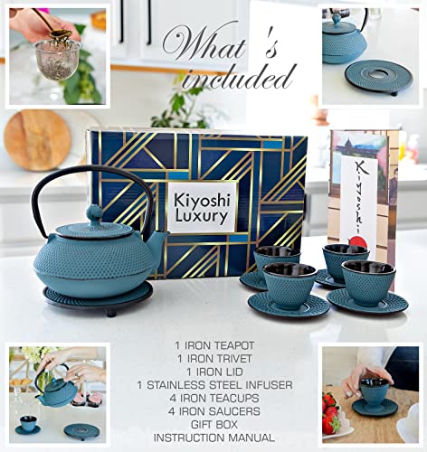 Large 11PC Japanese Tea Set "KONJOU Blue" Cast Iron Tea Pot 26Oz with 4 Tea Cups
