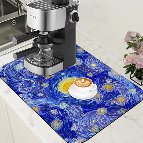 Starry Night Coffee Mat Absorbent Dish Drying Mat for Kitchen Counter Hide Stain Rubber Backed Coffee Bar Accessories Fit Under Espresso Machine Dish Rack
