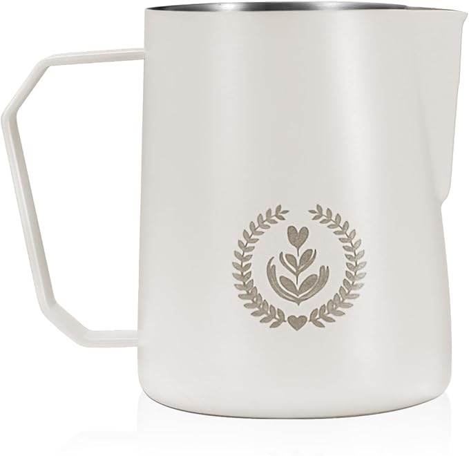 Milk Frothing Pitcher 450ml/15oz Stainless Steel Espresso Steaming Jug with Sharp Spout and Wide Thick Handle for Latte Art (White)