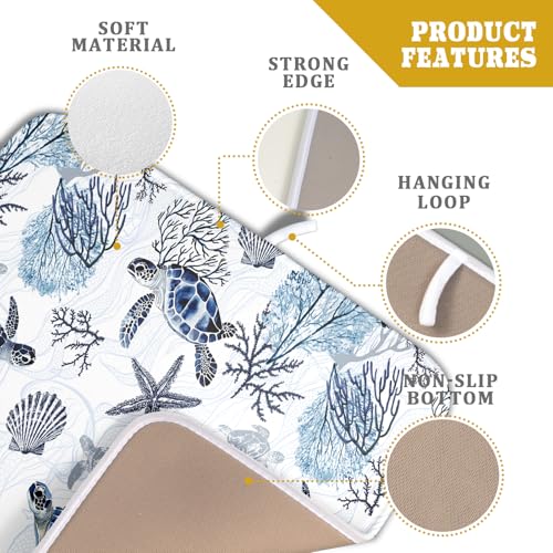 16"x18" Coastal Sea Turtles Dish Drying Mat Nautical Ocean Tortoise Coral Starfish Dish Drainer Mats for Kitchen Microfiber Reversible Dish Drying Rack Pad for Countertop Tabletop Decor