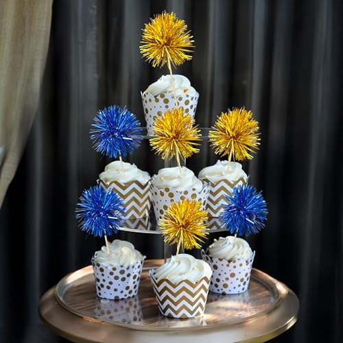 30Pcs Foil Firework Cupcake Toppers Sparkles Fireworks Sticks Birthday Decorations Sparkle Tinsel Cocktail Fruit Toothpick for Birthday Wedding Graduation Party Cake Decorations Dark Blue Gold (30 Count)