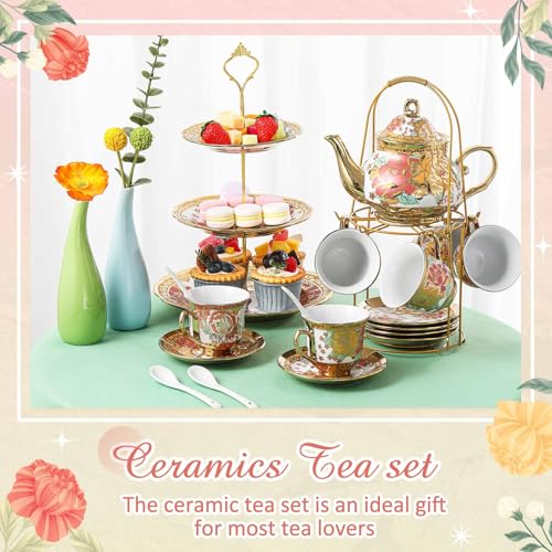 21 Pcs Porcelain Tea Set for Women Tea Party with Metal Holder and 3 Tier Cake Stand Ceramic European Floral Teapot Set for Adults Mother's Day Christmas Thoughtful Gift