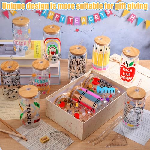 12 Sets Back to School Teacher Gifts Bulk 16 oz Apple Crayon Pencil Glass Cup with Lid and Straw Iced Coffee Tumbler for Teacher from Students First Day of School Party Favors (12 Count)