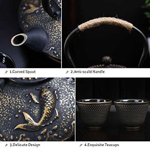 Koi Fish Cast Iron Teapot Set Stove Top 26 oz Tea Kettle with 4 Cups