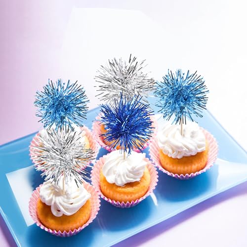 30 PCS Foil Firework Cupcake Toppers Sparkle Tinsel Cupcakae Picks Foil Firework Decorations Cocktail Fruit Toothpick for Fireworks Theme Birthday Wedding Graduation Party Decor Blue Silver Light Blue (30 Count)
