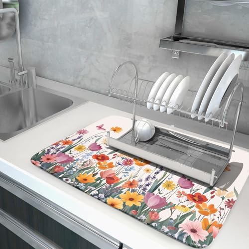 Spring Summer Flowers Dish Drying Mat for Kitchen Counter 18"x24" Colorful Floral Drying Mat Soft Absorbent Microfiber Farmhouse Fluttering Butterfly Dish Drainer Rack Mats for Counter tops