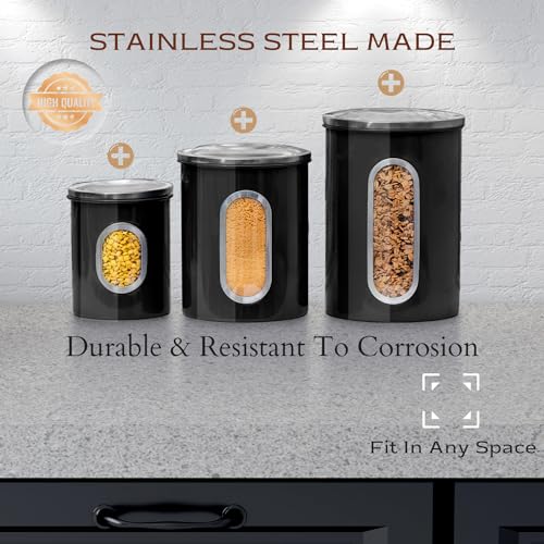 3 Pcs Black Canisters Set for Kitchen Storage Airtight Jars (3 Count)