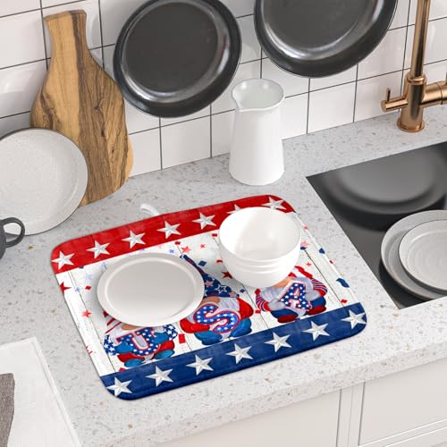4th of July Gnomes Dish Drying Mat 16x18 inch Patriotic Elf Usa Stars Dish Drainer Mats Independece Day Small Microfiber Dish Drying Pad for Kitchen Countertop Holiday Decor