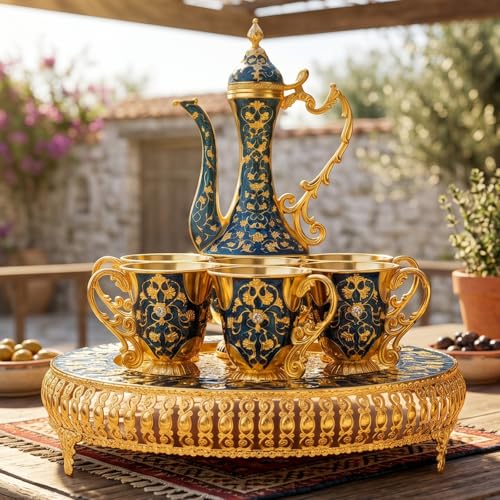 Vintage Extra Large Turkish Coffee & Tea Pot Set for 6 by Gute with Large Crystal Tray & Teapot Gold with Shiny Crystal