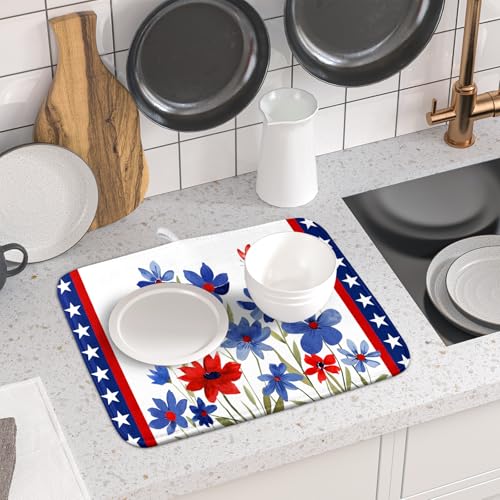 4th of July Flower Dish Drying Mat 16"x18" Independence Day Stars Dish Drainer Mats Watercolor Patriotic Floral Microfiber Dish Drying Rack Pad for Kitchen Countertop Decor