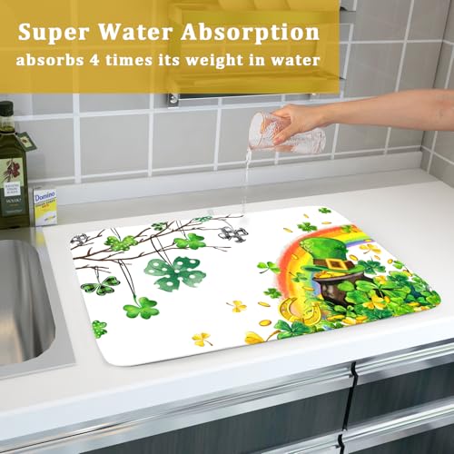 St Patrick Dish Drying Mat Large Lucky Clover Tree Shamrock Dish Drainer Mats 18x24inch Spring Elf Hat Rainbow Colorful Fast Drying Absorbent Dish Drying Pad for Kitchen Counter Decor