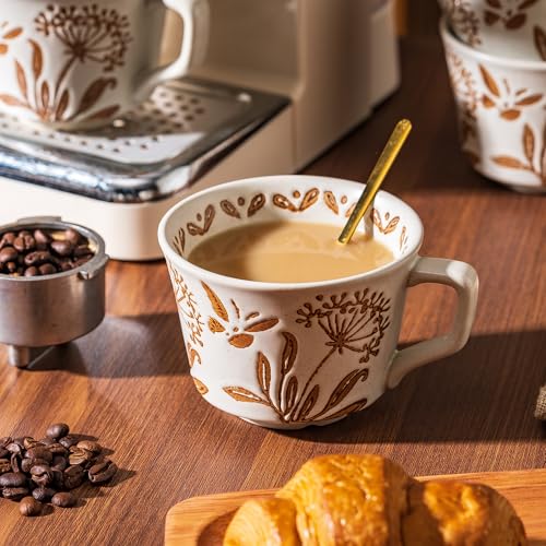 Ceramic Mugs 11 oz Unique Luxurious Cups Set of 4 with Premium Spoon
