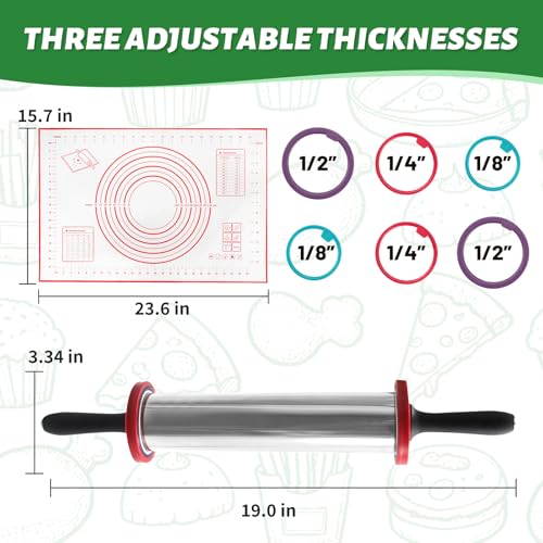 Rolling Pins Stainless Steel Silicone Baking Pastry Mat Set 19 Inch