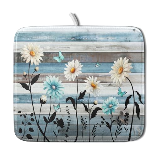 Blue White Daisy Floral Dish Drying Mat for Kitchen Counter
