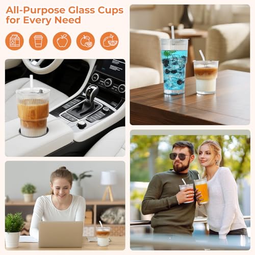 4 Pack 14&20 Oz Glass Cups with Lids and Straws Iced Coffee Cups Vintage Ribbed Glassware for Beer Ice Coffee Fruit Juice Elegant Aesthetic Cup Glass Iced Coffee Tumbler Include 2 Cleaning Brushes