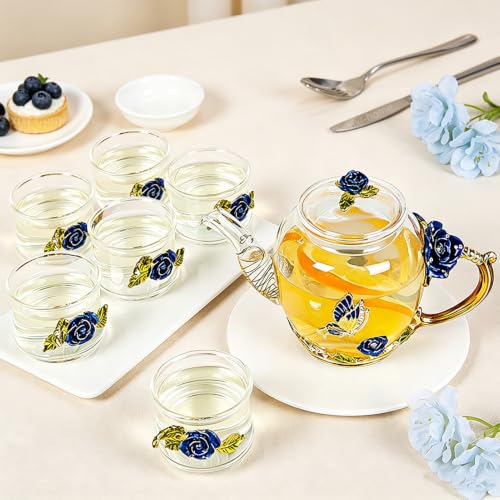 xixi home Blue Rose Glass Tea Set
