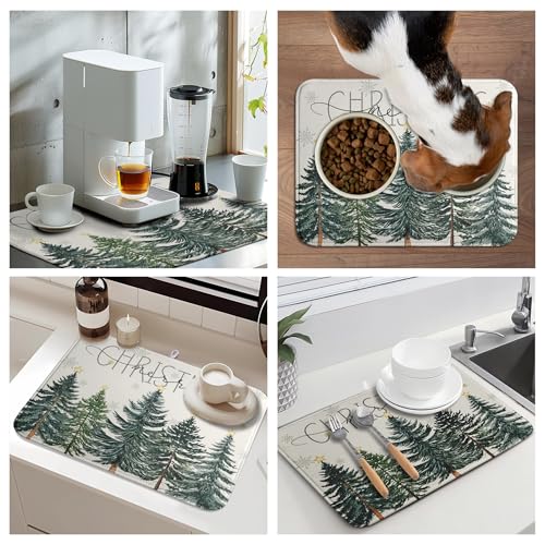 Merry Christma Trees Dish Drying Mat Winter Forest Large Kitchen Mats Dish Drying Pad Xmas Snow Absorbent Dish Dryer Mat for Kitchen Countertops Microfiber Drainer Pad Dish Drying Mats
