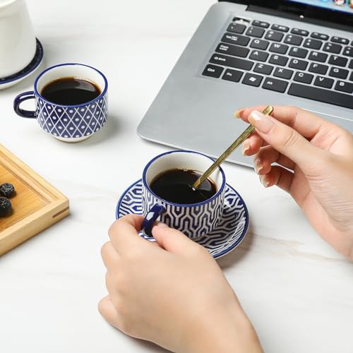 Ceramic Espresso Cups with Saucers and Metal Stand (4 Count)