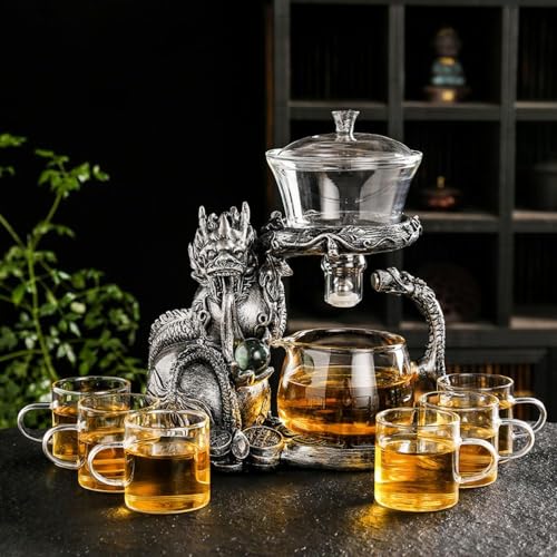Glass Teapot Set with Infuser Semi Automatic Dragon Tea Set with 6 Small Cups