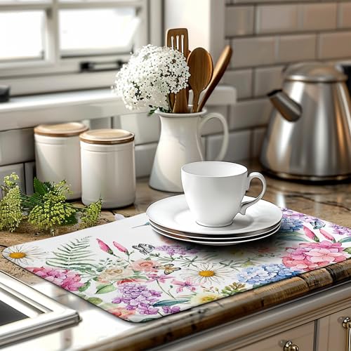 Spring Floral Birds Dish Drying Mat Summer Butterfly Flowers Kitchen Dish Drying Pad Daisy Absorbent Dish Dryer Mat for Kitchen Countertops Microfiber Dishes Drainer Pad
