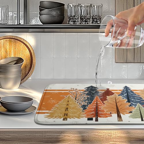 Fall Maple Tree Dish Drying Mats Thanksgiving Dish Mat Colorful Autumn Drying Matt Dishes Dryer Pad for Kitchen Counter Absorbent Microfiber Washable Foldable Reusable 18x24 in