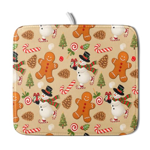 Xmas Gingerbread Man Candy Cane Dish Drying Mat for Kitchen Counter