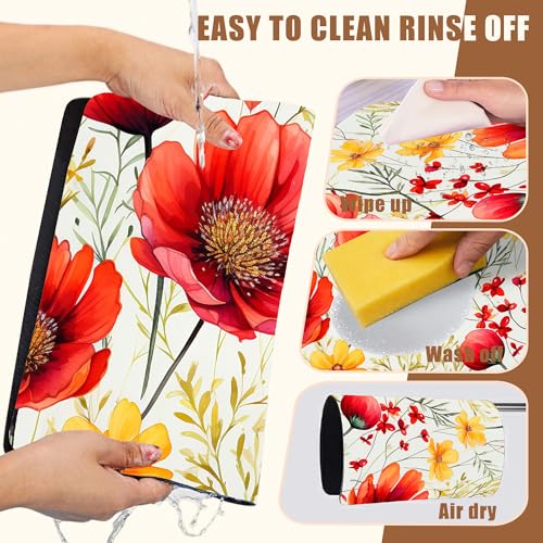 Red and Yellow Flowers Coffee Mat Absorbent Dish Drying Mat for Kitchen Counter Hide Stain Rubber Backed Coffee Bar Accessories Fit Under Espresso Machine