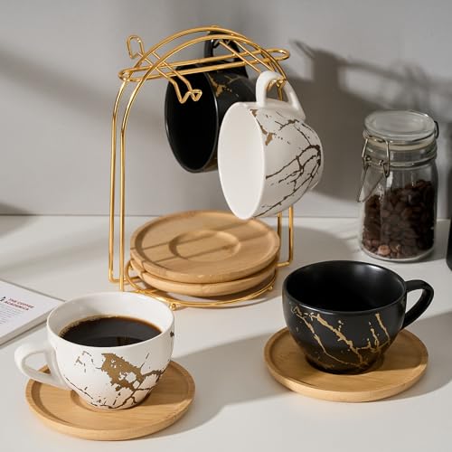 Ceramic Demitasse Espresso Cups Set with Saucers and Metal Stand (4 Count)