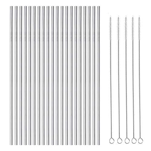 25 Piece Set Stainless Steel Straws Long 8.5 Inch Drinking Metal Straws Reusable Drinking Straws for 20 OZ