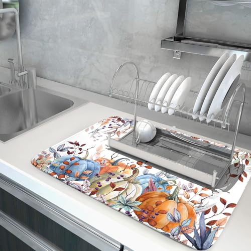 Orange and Blue Autumn Pumpkins Dish Drying Mat for Kitchen Counter