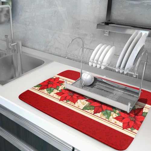 Poinsettia Flowers Dish Drying Mat 18"x24" Christmas Red Decorative Dish Drainer Mats Xmas Winter Floral Print Reversible Microfiber Dish Drying Rack Pad for Kitchen Countertop Sink