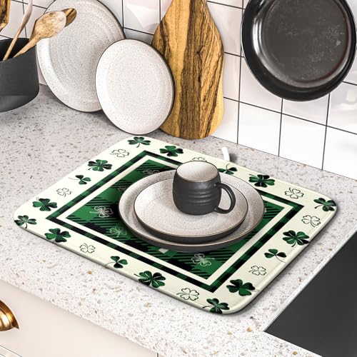 Patrick Clovers Dish Drying Mat 16"x18" Lucky Shamrock Spring Leaf Dish Drainer Mats Green Black Buffalo Plaids Absorbent Microfiber Dish Drying Pad for Kitchen Countertop Small Decor