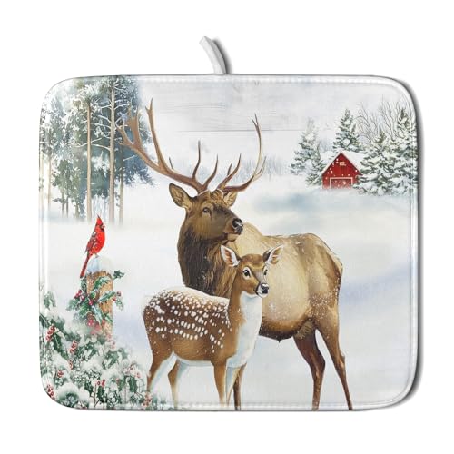 Winter Deer Dish Drying Mat 16"x18" Xmas Tree Bird Holly Berry Dish Drainer Mats Elk Moose Snow Cottage Farmhouse Reversible Small Dish Drying Pad Protector for Kitchen Countertop Decor