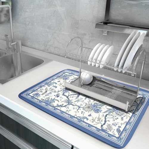 Chinoiserie Dish Drying Mat 18x24in Blue White Oriental Floral Birds Kitchen Drainer Mats Porcelain Flowers Absorbent Microfiber Dish Drying Pad Large for Countertop Home Decor