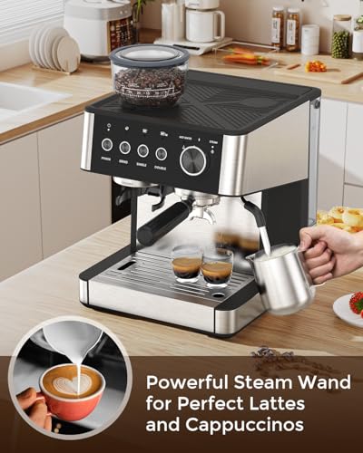 2026 Upgrade) Espresso Machine with Grinder, Expresso Coffee Machines with Built-in Anti-Clog Coffee Grinder/Milk Steam Wand/Frother, Expresso Machines for Home Perfect Cappuccino & Latte-Gloss Black