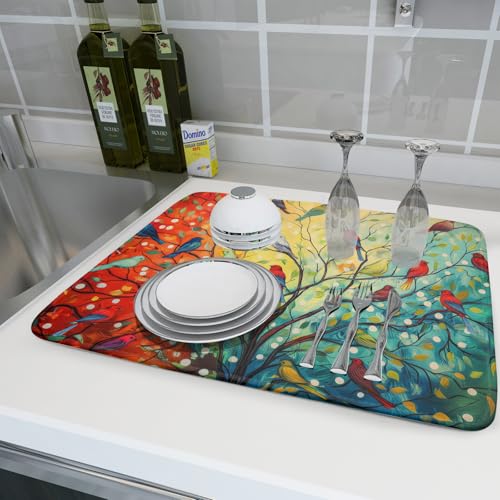Dish Drying Mat for Kitchen Counter 18x24 Inch Summer Floral Birds Kitchen Drying Mat Fast Dry Absorbent Microfiber Dish Drainer Rack Pad Flower Mat for Countertop Decor