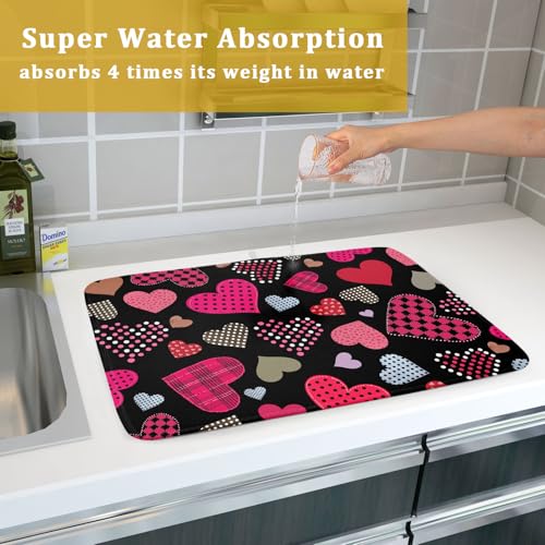 Happy Valentine's Day Black Dish Drying Mat for Kitchen Counter