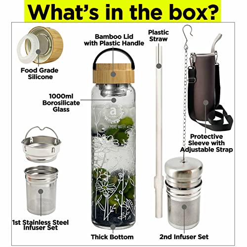 32oz Borosilicate Glass Water Bottle with Bamboo Lid and 2 Tea Infuser Sets for Fruit Infused Water and Cold Brew Coffee