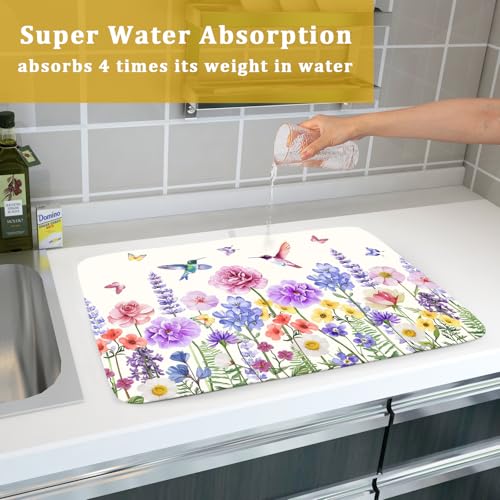 Hummingbird Flower Dish Drying Mat 18x24 inch Watercolor Spring Herb Floral Dish Drainer Mats Wildflower Plant Reversible Microfiber Dish Drying Pad for Kitchen Countertop Large Decor
