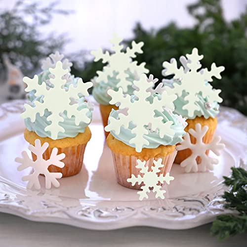 50Pcs White Edible Cupcake Toppers Snowflakes Cake Decoration for Christmas Winter Frozen Birthday Party Supplies (50 Count)