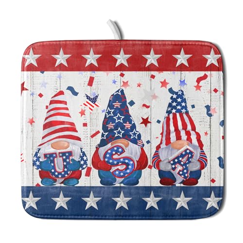 4th of July Gnomes Dish Drying Mat 16x18 inch Patriotic Elf Usa Stars Dish Drainer Mats Independece Day Small Microfiber Dish Drying Pad for Kitchen Countertop Holiday Decor