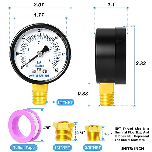 1/4" NPT 0-60Psi 2" Dial Face Well Pump Pressure Gauge, Lower Mount, Suitable for Water, Oil, Air Pressure Testing