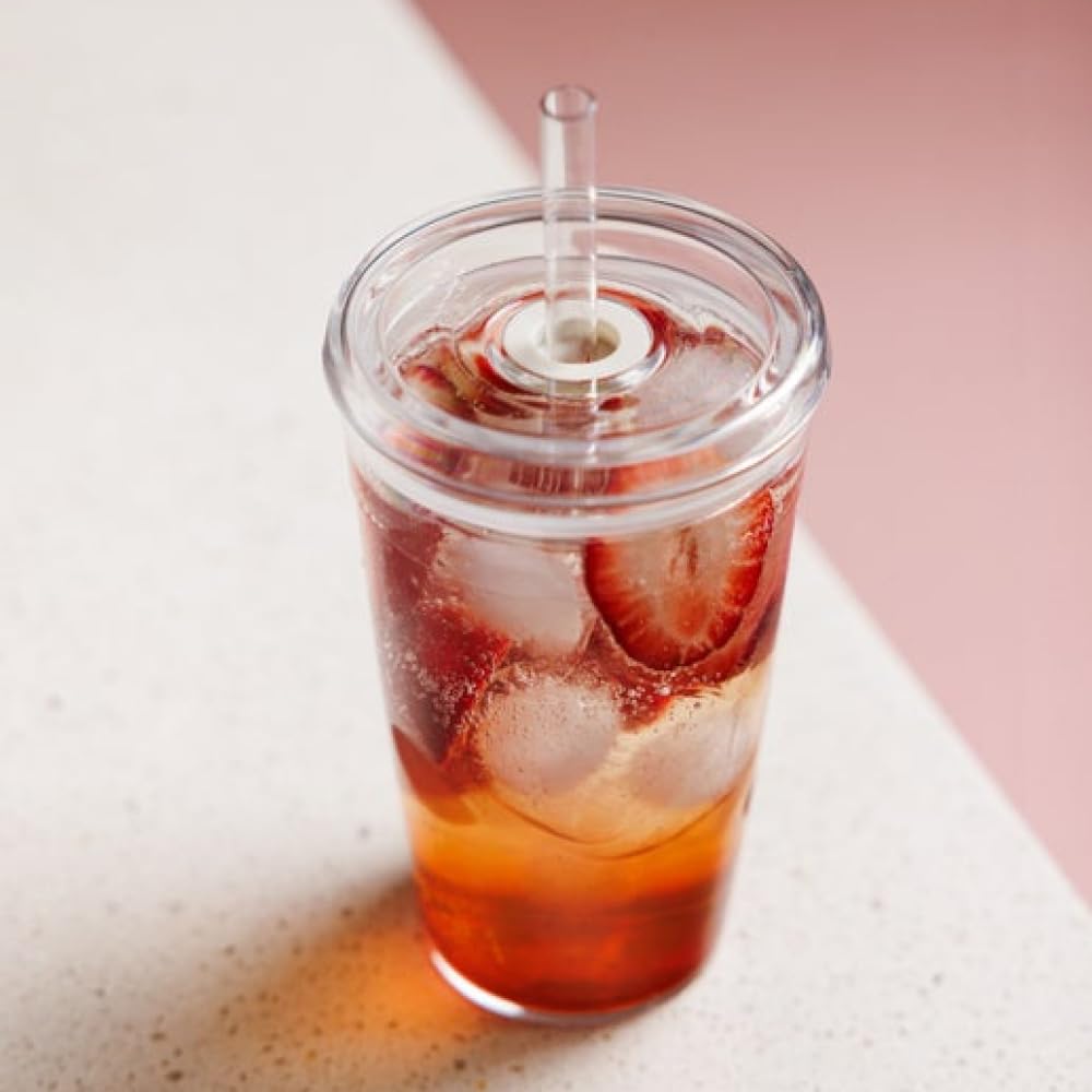 Clear 12 oz tumbler shown with reusable straw