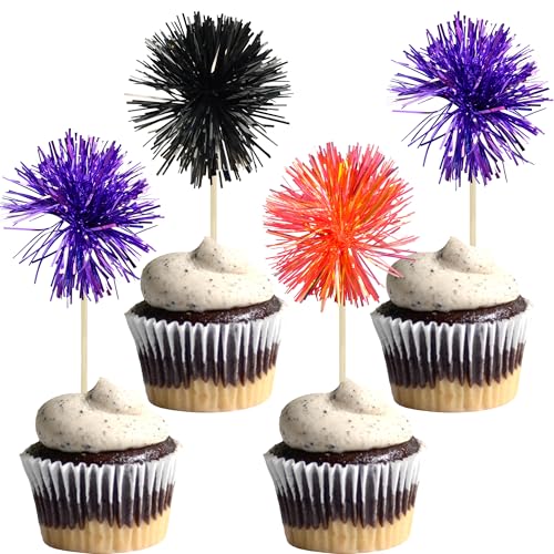 30Pcs Foil Firework Cupcake Toppers Sparkle Tinsel Cake Toppers Tinsel Drink Cake Decoration Cocktail Picks for Halloween Birthday Wedding Graduation Party Supplies Purple Black Orange (30 Count)