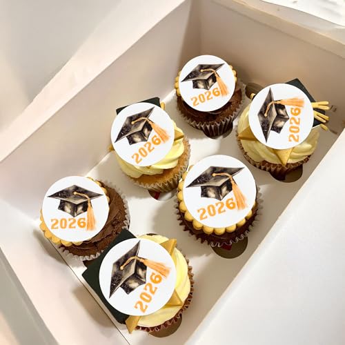 48Pcs Edible 2026 Graduation Cap Cupcake Toppers Wafer Paper Class of 2026 Grad Cap Cupcake Picks for 2026 Graduation Theme Party Cake Decorations Supplies Gold (48 Count)