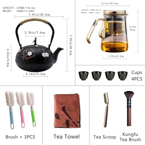 Magnetic Glass Teapot Set with 40.6oz Cast Iron Kettle for Stovetop