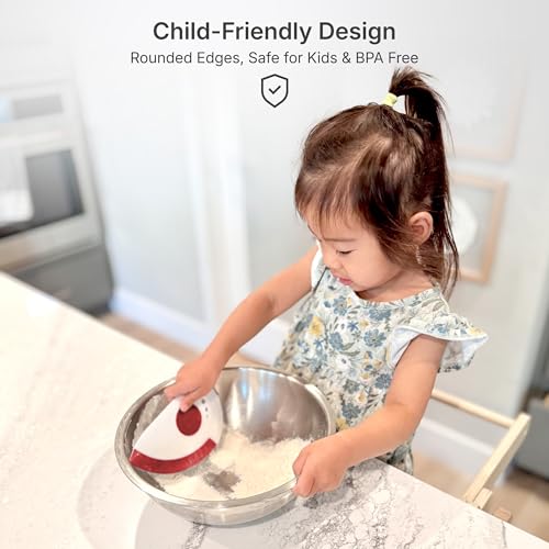 red 5-in-1 flexible dough and bowl scraper with stainless-steel edge and integrated ruler