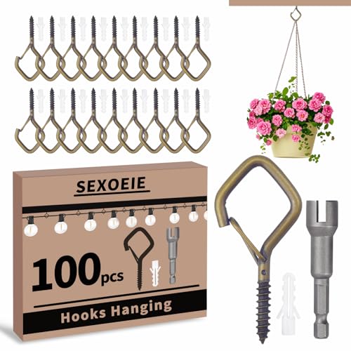 100 PCS Bronze Eye Screw Hooks for Hanging Heavy Duty with Safety Buckle.Metal Ceiling Hooks for Hanging Plants Cup Wind Chime Bird Feeders Patio Lights At Indoor&Outdoor (100 Count)