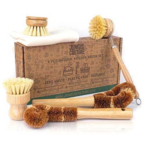 Bamboo Dish Brush Set • 6 Piece with Bottle Brush & Scrubber (6 Count)